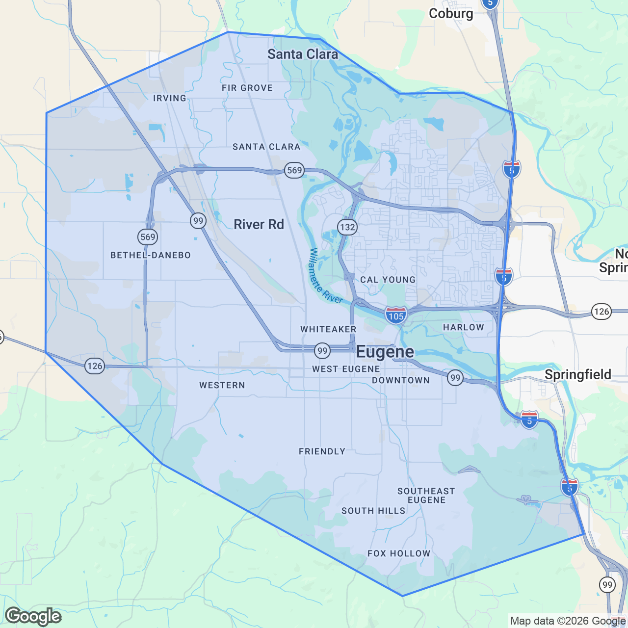 Map showing Tote Llama service area in Eugene, Oregon